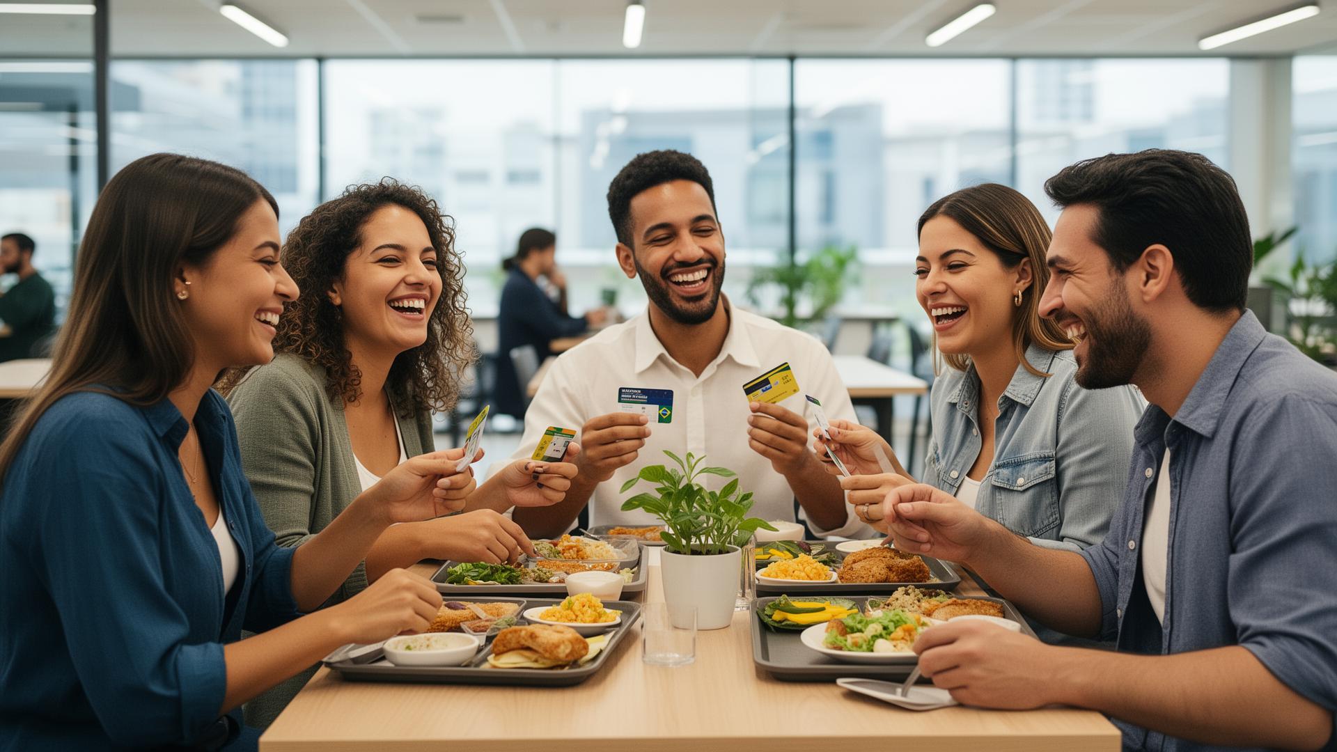 Colaboradores usando cartões de benefícios na refeição